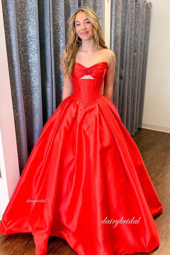 Red Sleeveless Satin Charming Long Prom Dresses, DB104