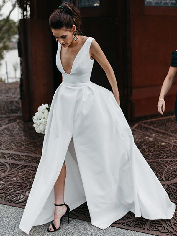 New Arrival A-Line Satin Wedding Dress, Sexy V-Neck Slit Backless Elegant Bridal Dress, D1343