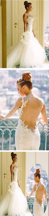 Sexy Mermaid Backless Spaghetti Lace Cheap Tulle Wedding Dresses, WD0147