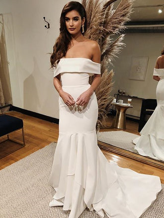 Elegant Off Shoulder Mermaid Simple Backless Satin Wedding Dresses, FC1731