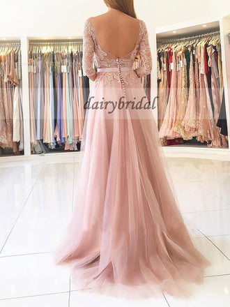 Long Sleeve Prom Dress, Backless Lace Prom Dress, Tulle Prom Dress, A-Line Prom Dress, Side Split Prom Dress, D177