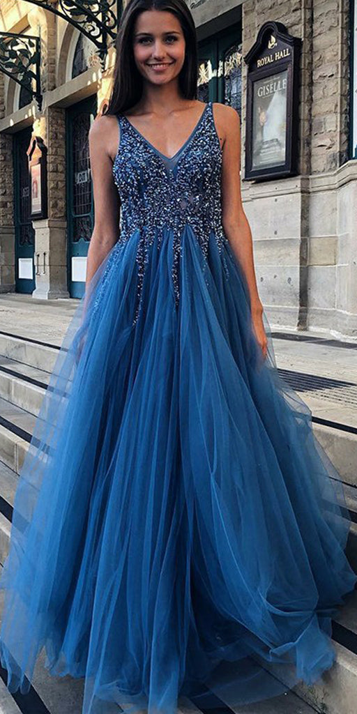 A-Line Backless Tulle V-Neck Beaded Sleeveless Seuiqn Prom Dresses, FC1848