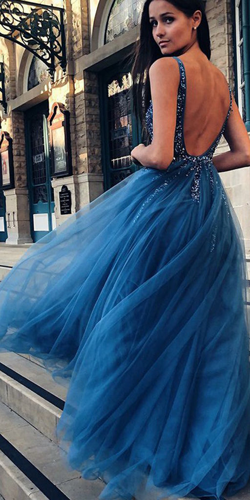 A-Line Backless Tulle V-Neck Beaded Sleeveless Seuiqn Prom Dresses, FC1848