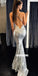 Mermaid Sparkly Silver Sequin Backless V-Neck Spaghetti Straps Prom Dresses, FC1940