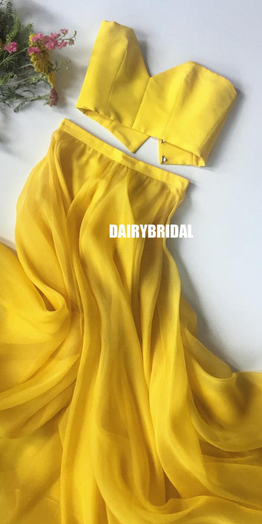 Yellow A-line Two Pieces Backless Charming Prom Dresses, FC2379