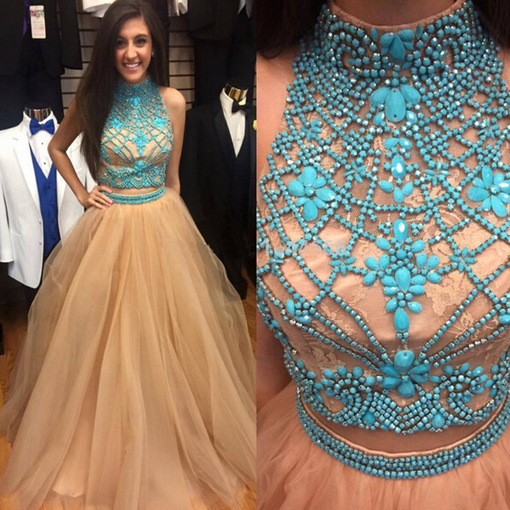 Two Pieces Beaded Prom Dress, Tulle Open-Back Prom Dress, Sleeveless Prom Dress, D378