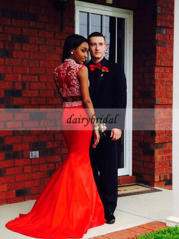 Two Pieces Beaded Prom Dress, Satin Mermaid Prom Dress, D389