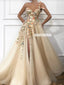 Stunning One Shoulder A-line Applique Slit Long Tulle Prom Dresses, FC4501