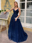 Navy A-line Tulle Cross Back Lace V-neck Sleeveless Prom Dress, FC4604