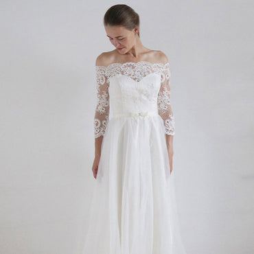 Long Wedding Dress, Lace Wedding Dress, A-Line Bridal Dress, Long Sleeve Wedding Dress, Off-Shoulder Wedding Dress, Tulle Wedding Dress, Charming Wedding Dress, LB0484