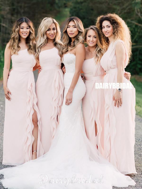 Newest A-line Pink One Shoulder Slit Long Bridesmaid Dress, FC4906