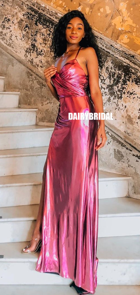 A-line Spaghetti Straps Backless Sexy Slit Long Prom Dress, FC5291