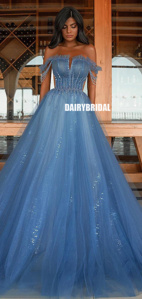 Off Shoulder A-line Tulle Long Sequin Prom Dress, FC5324