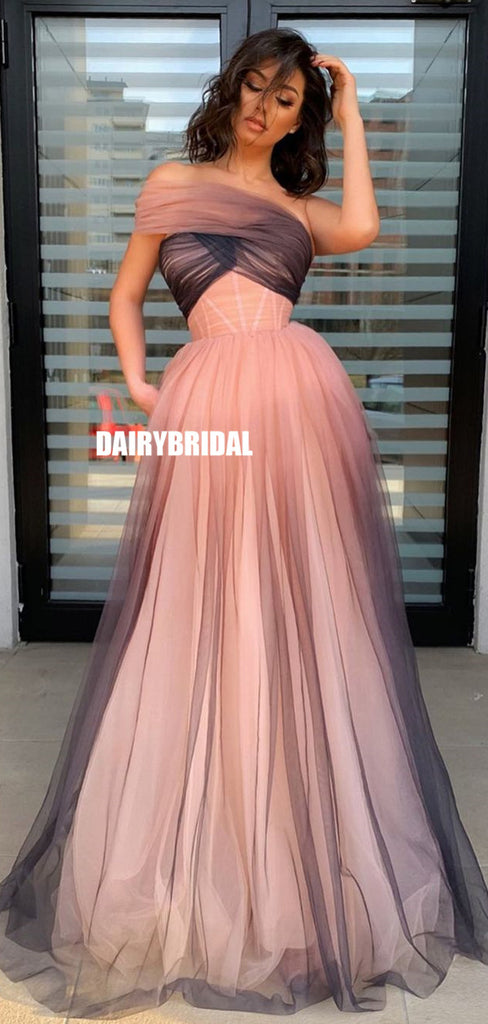 Off Shoulder Tulle A-line Simple Backless Gradient Prom Dresses, FC5387