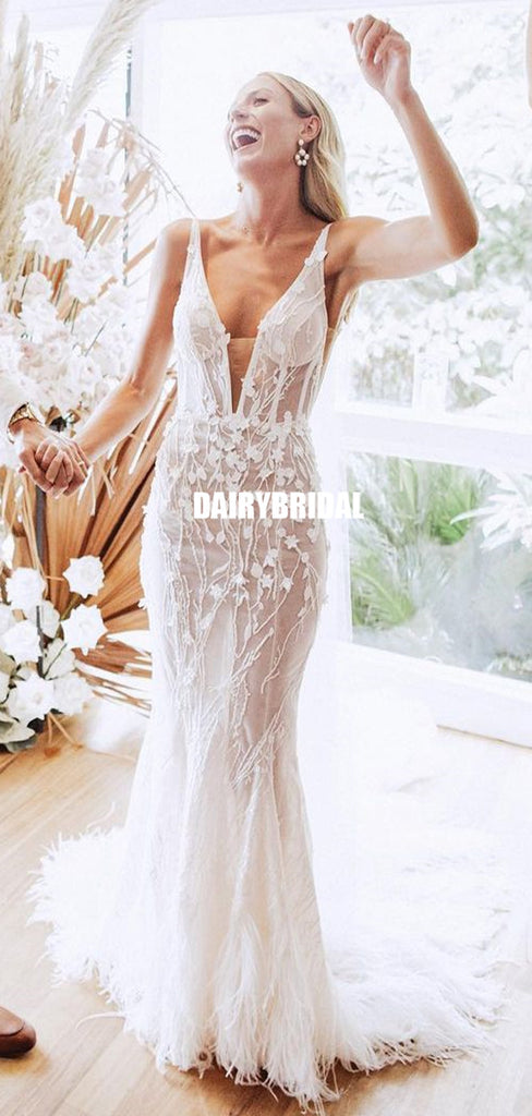 Luxury Mermaid Lace Backless Sexy Deep V-neck Wedding Dresses, FC5888