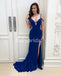 Backless Mermaid Satin Prom Dress, Sexy Slit Beaded Prom Dress, D615