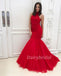 Red Mermaid Bead Prom Dresses, Sexy Open-Back Tulle  Prom Dresses, D616