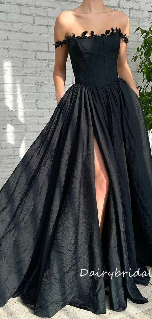 Black Off Shoulder Lace A-line Satin Backless Prom Dresses, FC6519