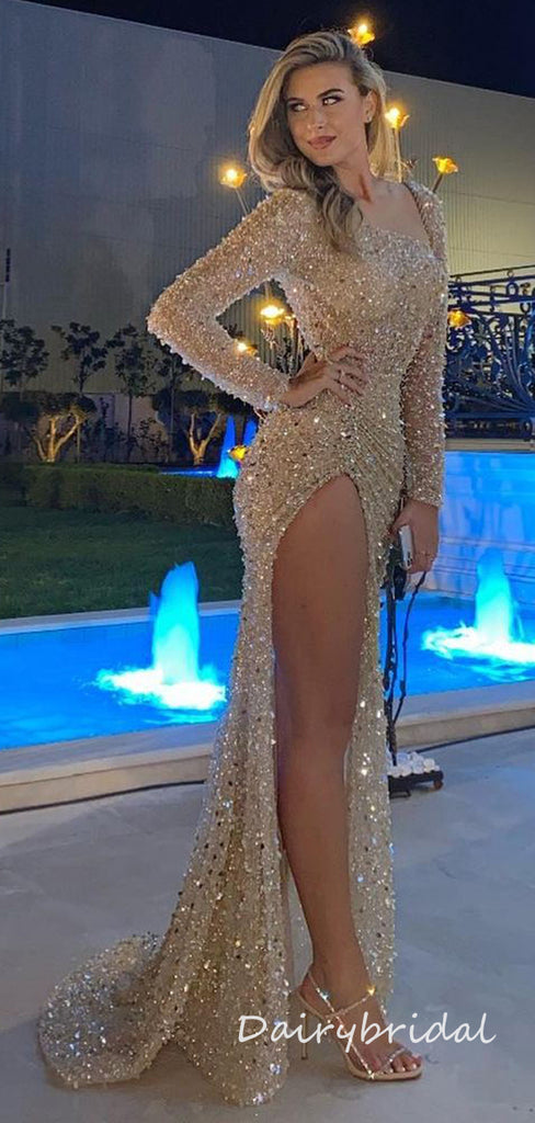 Charming Long Sleeves Mermaid Sparkle Sequin Mermaid Slit Prom Dresses, FC6542