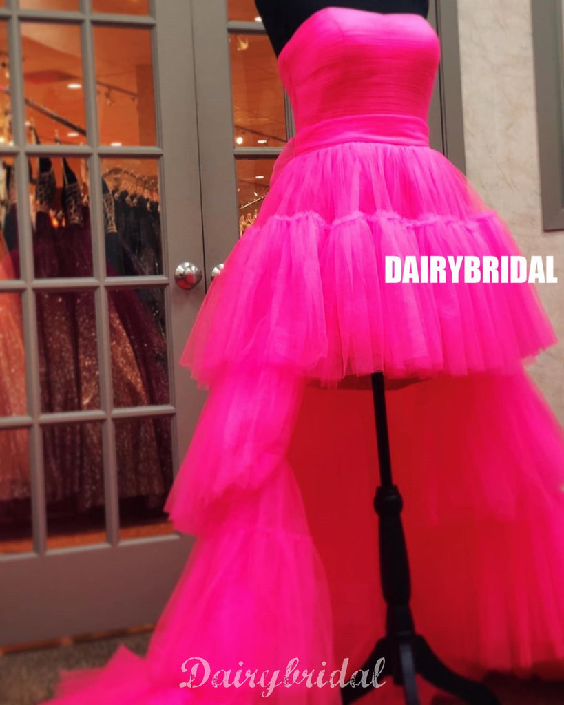 Stunning A-line Tulle High-low Backless Straight Neckline Prom Dresses, FC4360