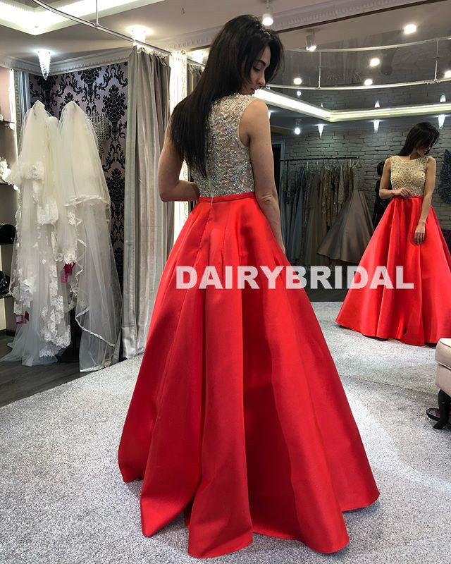 Beaded Top Sleeveless Prom Dress, Charming Red Satin Prom Dress, D769