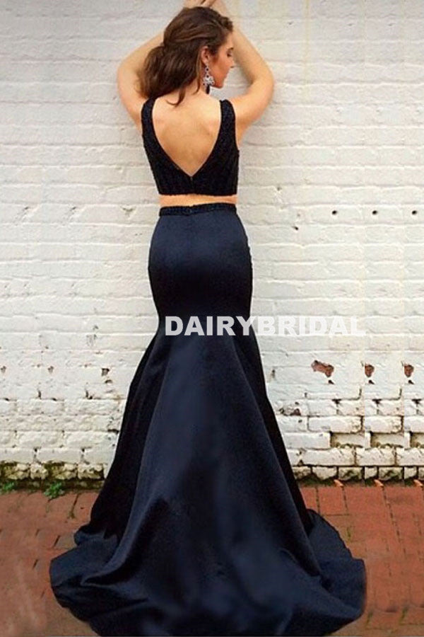 Two Pieces Satin Prom Dress, Beaded V-Back Sleeveless Mermaid Prom Dress, D812