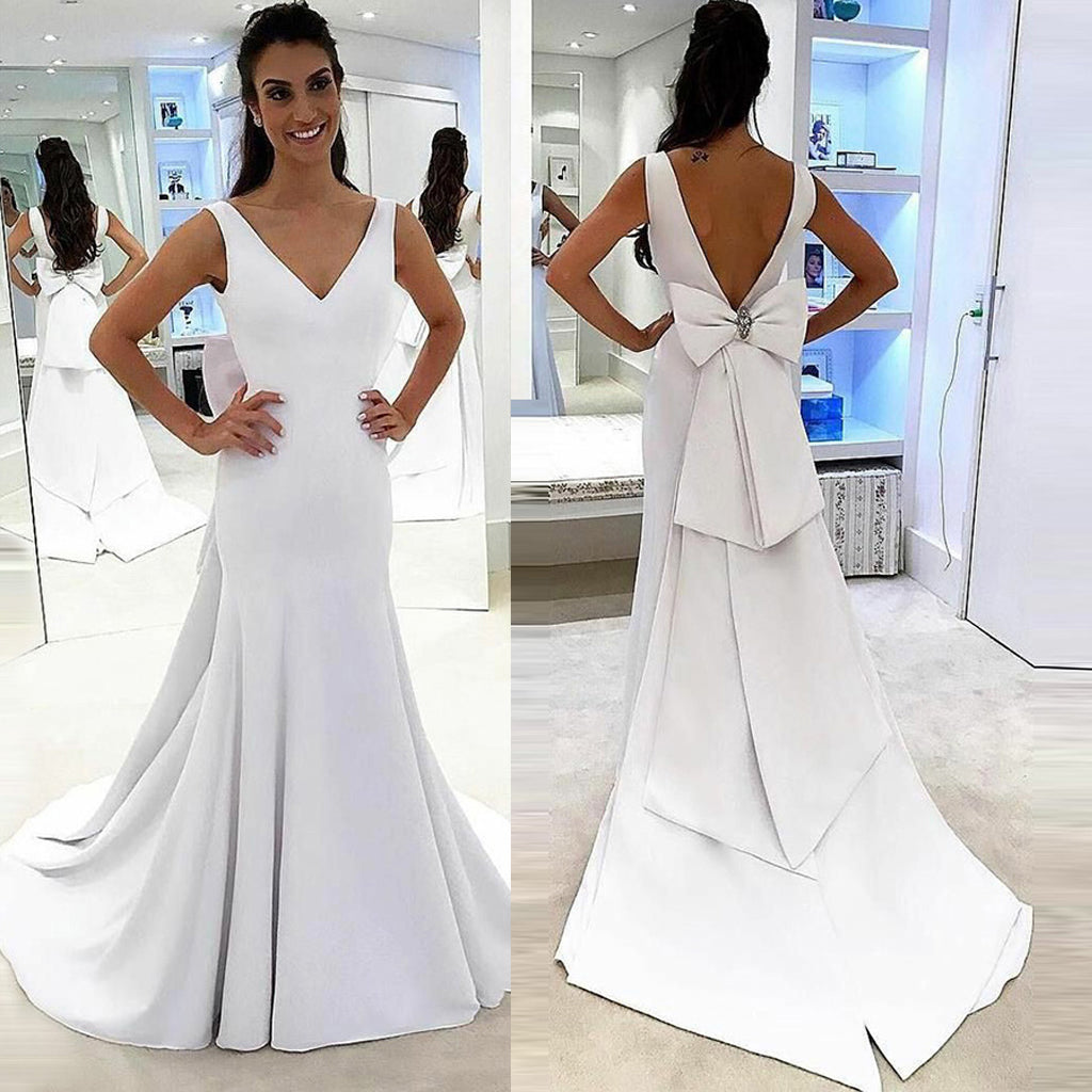 Satin Mermaid V-Neck Wedding Dress, Charming Backless Wedding Dress, D819