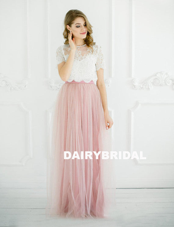 New Arrival Two Pieces Tulle A-Line  Lace Top Cheap Honest Bridesmaid Dress, D1179