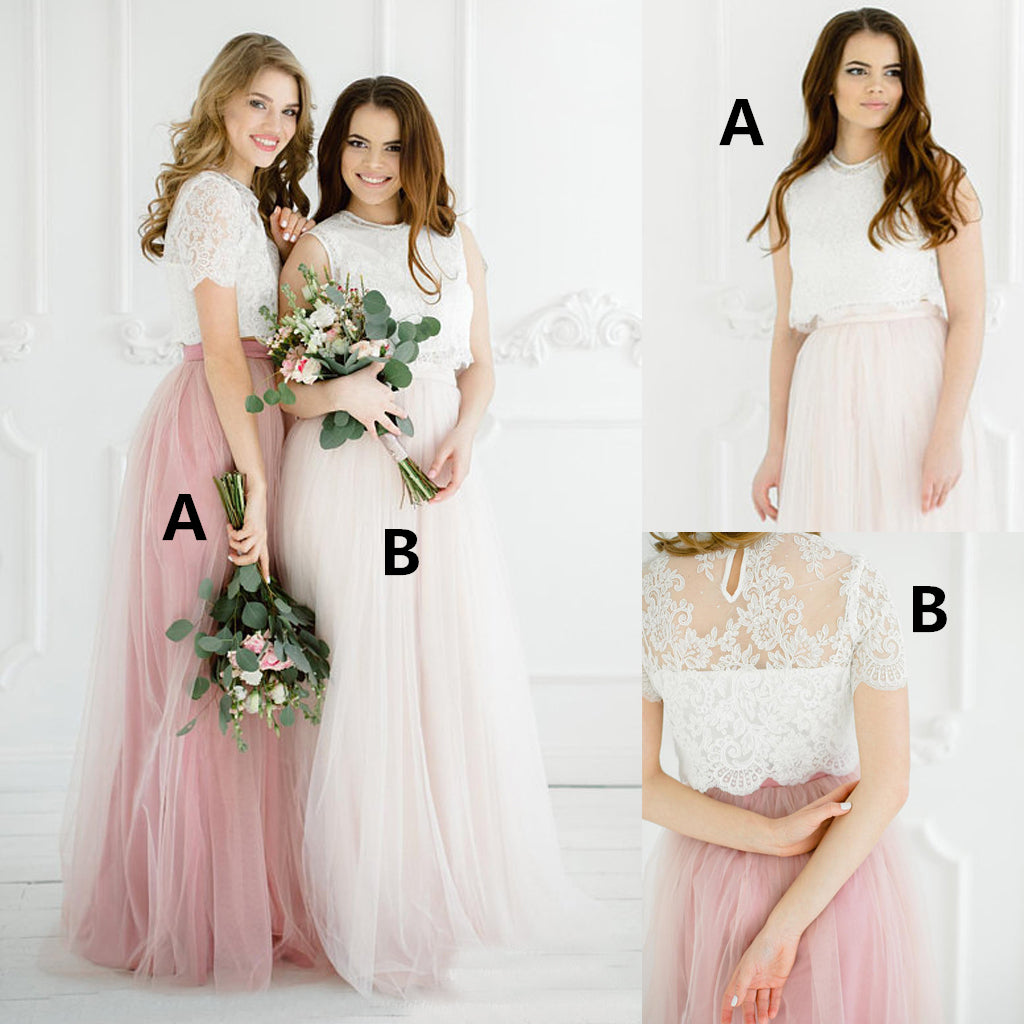 New Arrival Two Pieces Tulle A-Line  Lace Top Cheap Honest Bridesmaid Dress, D1179