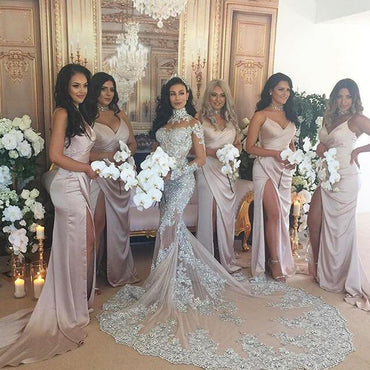 Sexy V-Neck Slit Bridesmaid Dress, Mermaid Soft Satin Bridesmaid Dress, D1211