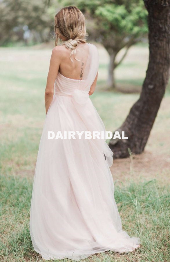 Long One Shoulder A-Line Tulle Bridesmaid Dress, Cheap Light Pink Backless Bridesmaid Dress, D959