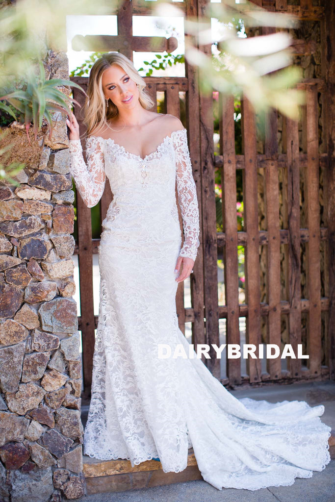 Off Shoulder Lace Long Wedding Dresses, Long Sleeve Charming Mermaid Wedding Dresses, D910