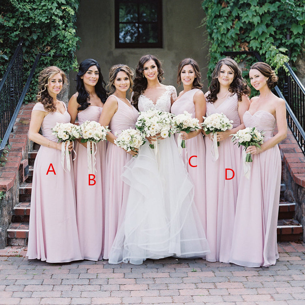 Pink Mismatched A-Line Bridesmaid Dress, Elegant Chiffon Bridesmaid Dress, D949