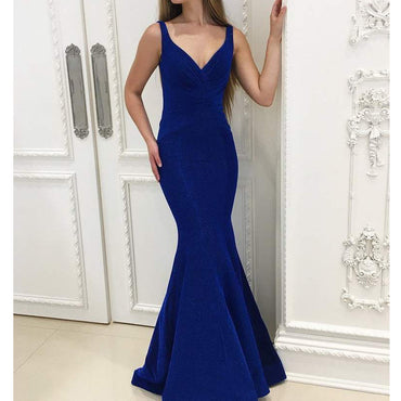 Charming V-neck Mermaid Backless Simple Prom Dresses, FC1935