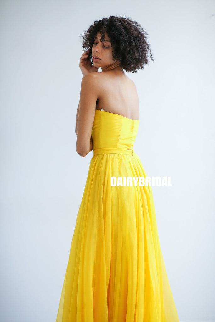 Yellow A-line Two Pieces Backless Charming Prom Dresses, FC2379