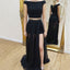 Black Off Shoulder Two Pieces Beaded A-Line Slit Chiffon Prom Dresses, D1062