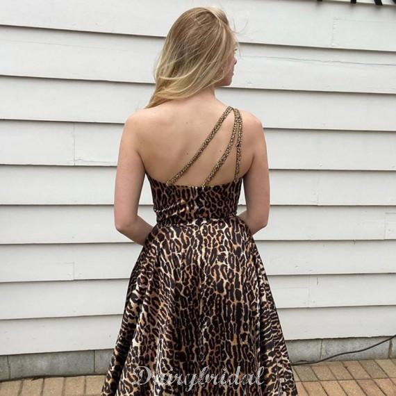 A-line One Shoulder Backless Beaded Slit Leopard Print Unique Prom Dresses, FC4562