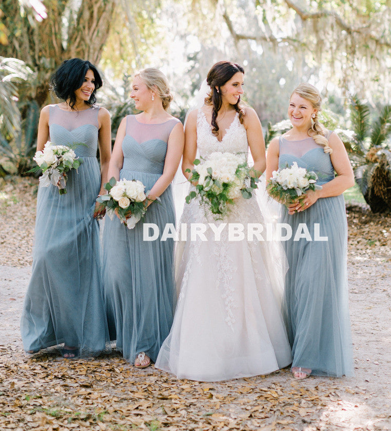 Long Round Neckline Bridesmaid Dress, Tulle Backless A-Line Cheap Bridesmaid Dress, D967